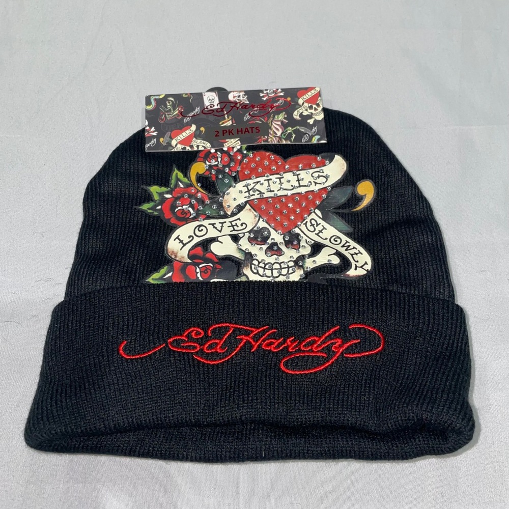 Ed Hardy 2 Pack Beanies Black Love Kills Slowly Skull Tiger Rhinestone Y2K Hat